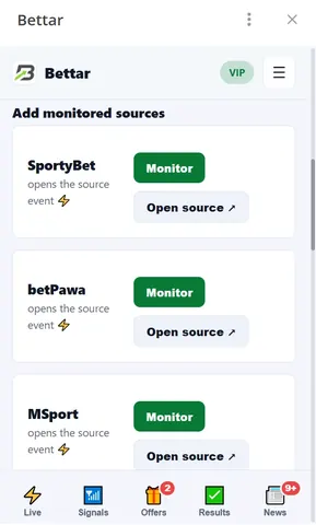 Real Bettar screen: a price gap with a button to open each bookmaker source
