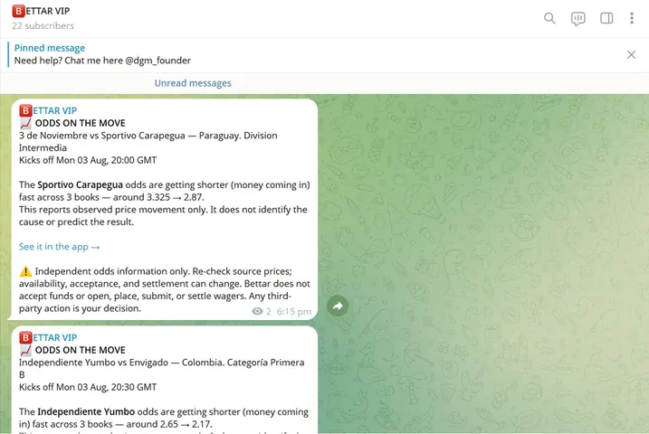 Real Bettar VIP Telegram channel with an instant price-gap alert