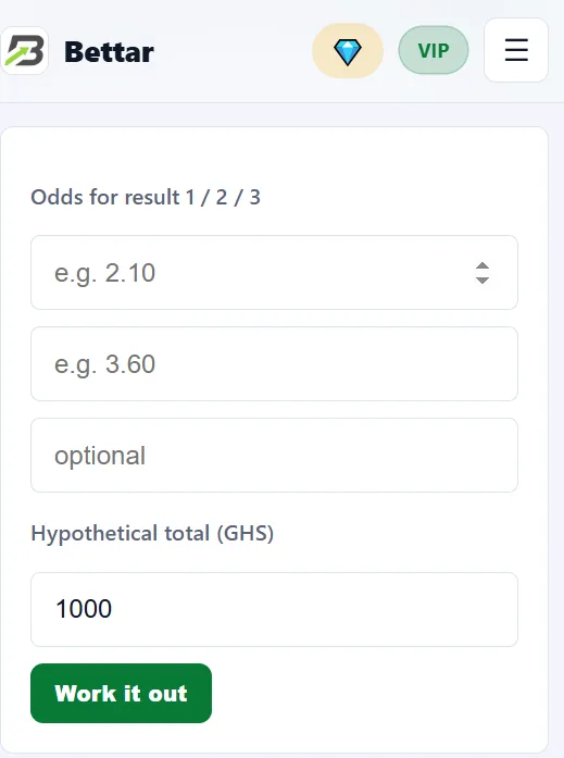 Real Bettar screen: allocation calculator with odds fields and a hypothetical total