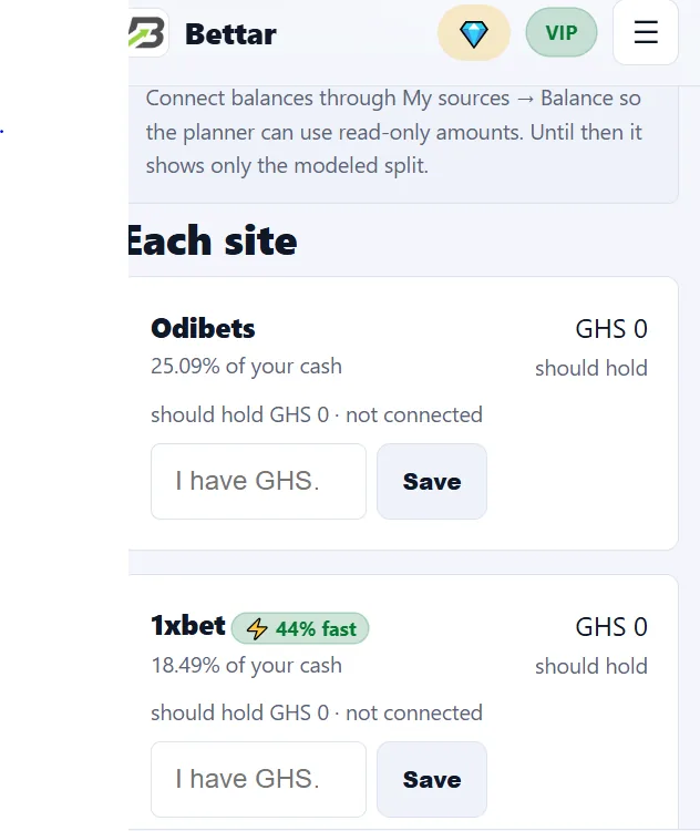 Real Bettar screen: Balance planner with per-book target allocation