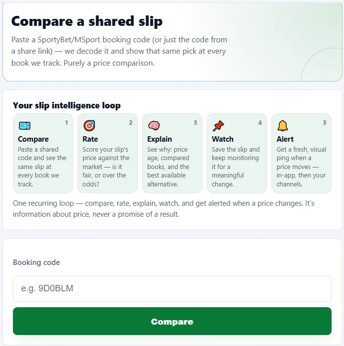Real Bettar screen: Compare a Code with a booking code and the rate, explain, watch, alert loop