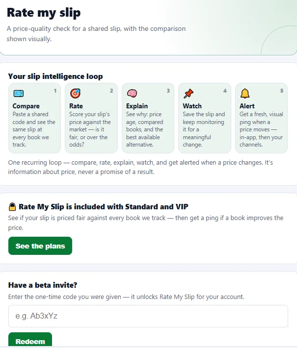 Real Bettar screen: Rate My Slip with the compare, rate, explain, watch, alert workflow